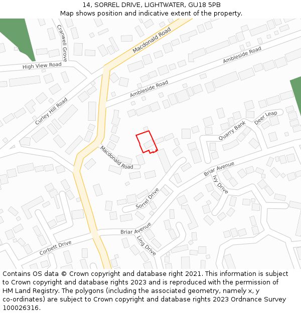 14, SORREL DRIVE, LIGHTWATER, GU18 5PB: Location map and indicative extent of plot