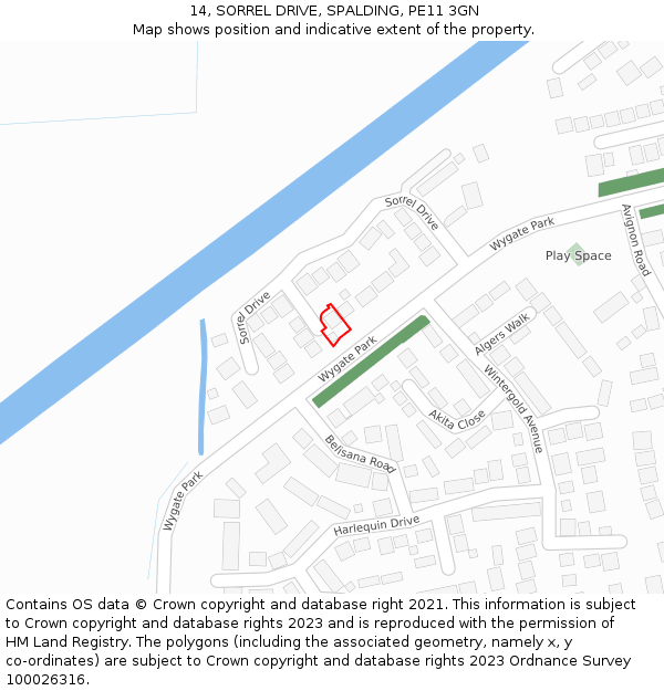 14, SORREL DRIVE, SPALDING, PE11 3GN: Location map and indicative extent of plot