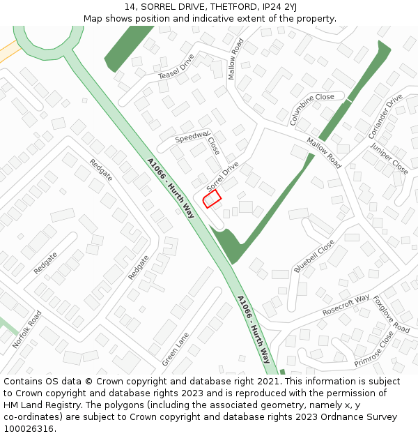 14, SORREL DRIVE, THETFORD, IP24 2YJ: Location map and indicative extent of plot