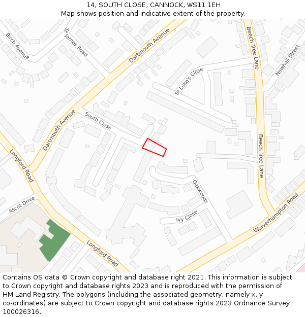 14, SOUTH CLOSE, CANNOCK, WS11 1EH: Location map and indicative extent of plot