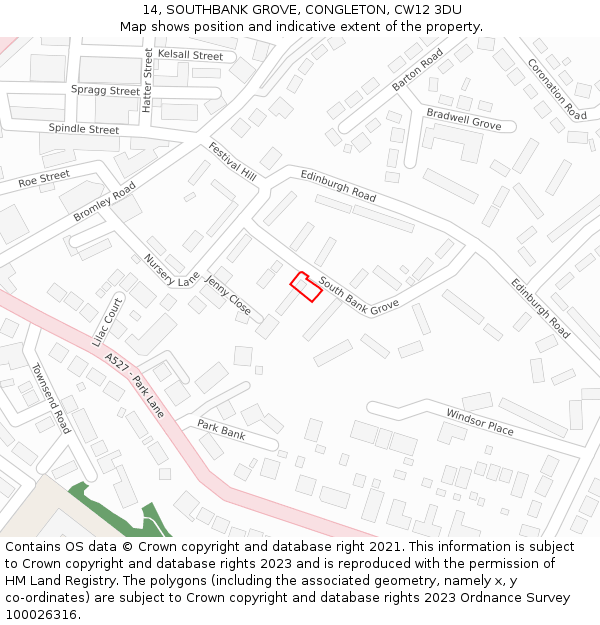 14, SOUTHBANK GROVE, CONGLETON, CW12 3DU: Location map and indicative extent of plot