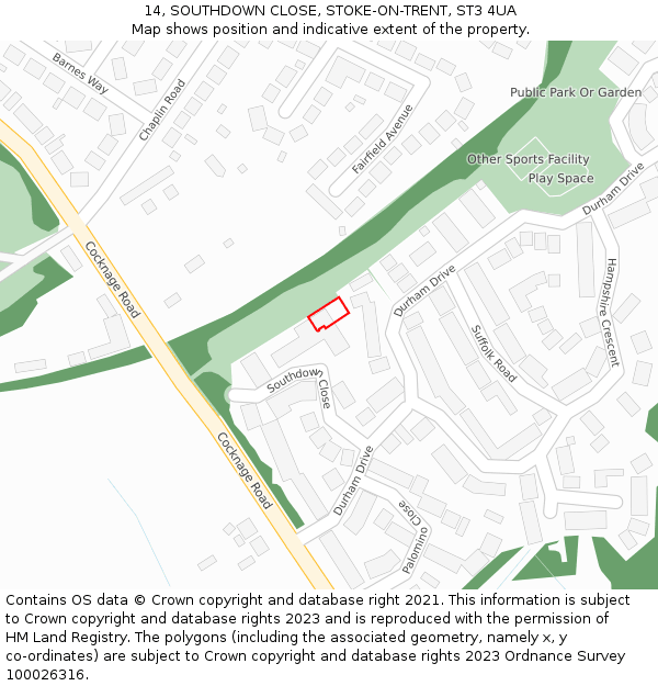 14, SOUTHDOWN CLOSE, STOKE-ON-TRENT, ST3 4UA: Location map and indicative extent of plot