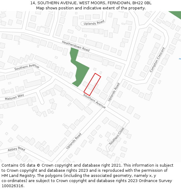 14, SOUTHERN AVENUE, WEST MOORS, FERNDOWN, BH22 0BL: Location map and indicative extent of plot