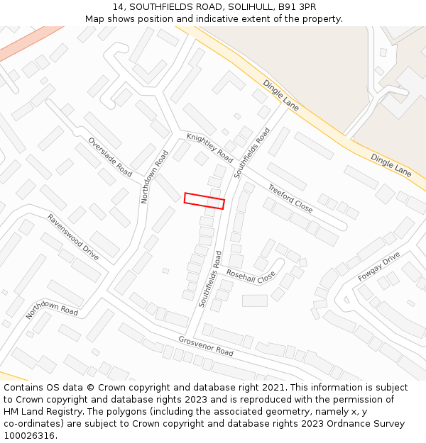 14, SOUTHFIELDS ROAD, SOLIHULL, B91 3PR: Location map and indicative extent of plot