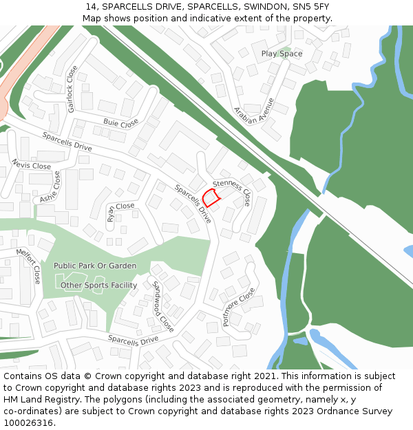 14, SPARCELLS DRIVE, SPARCELLS, SWINDON, SN5 5FY: Location map and indicative extent of plot