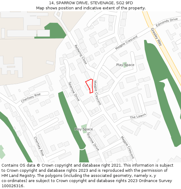 14, SPARROW DRIVE, STEVENAGE, SG2 9FD: Location map and indicative extent of plot