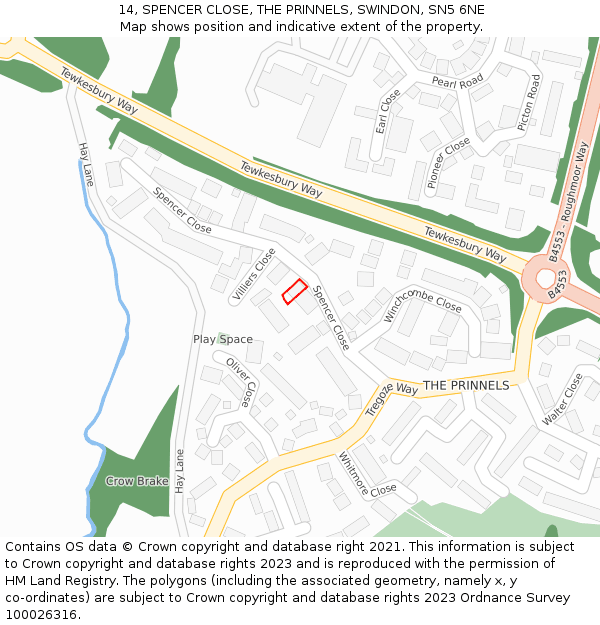 14, SPENCER CLOSE, THE PRINNELS, SWINDON, SN5 6NE: Location map and indicative extent of plot