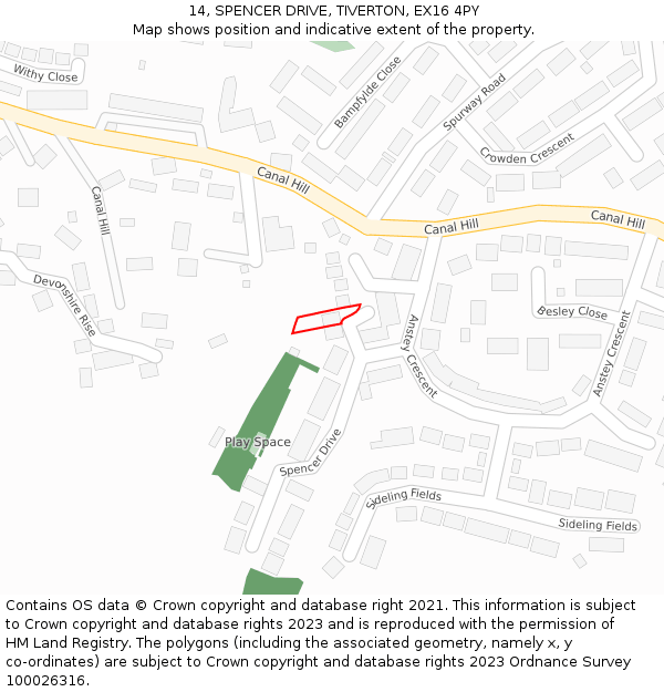 14, SPENCER DRIVE, TIVERTON, EX16 4PY: Location map and indicative extent of plot