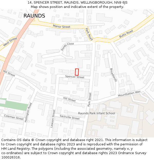 14, SPENCER STREET, RAUNDS, WELLINGBOROUGH, NN9 6JS: Location map and indicative extent of plot
