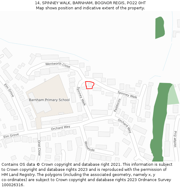 14, SPINNEY WALK, BARNHAM, BOGNOR REGIS, PO22 0HT: Location map and indicative extent of plot