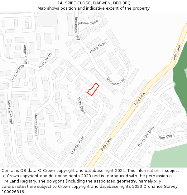 14, SPIRE CLOSE, DARWEN, BB3 3RQ: Location map and indicative extent of plot