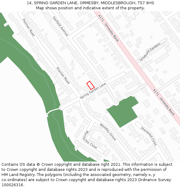 14, SPRING GARDEN LANE, ORMESBY, MIDDLESBROUGH, TS7 9HS: Location map and indicative extent of plot