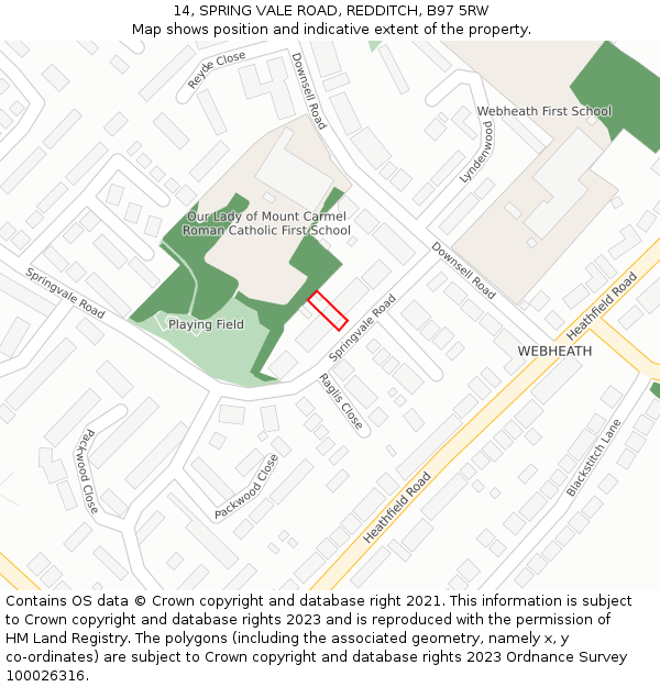 14, SPRING VALE ROAD, REDDITCH, B97 5RW: Location map and indicative extent of plot