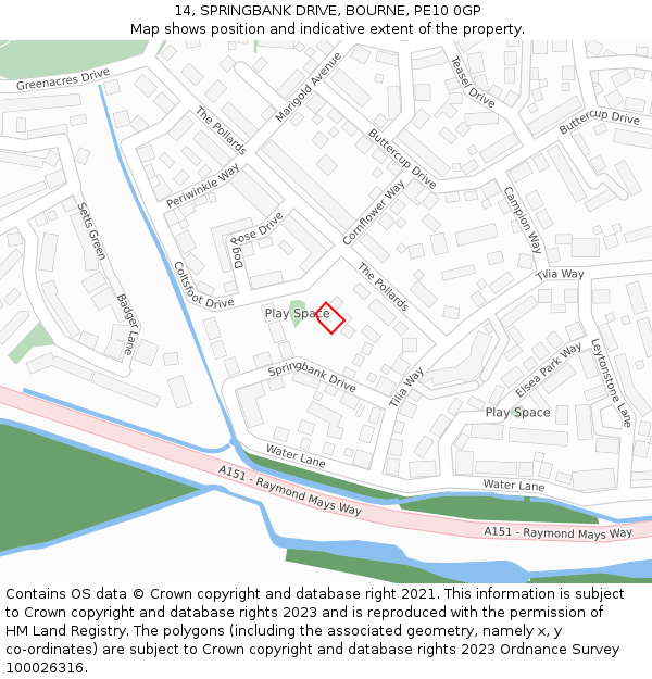 14, SPRINGBANK DRIVE, BOURNE, PE10 0GP: Location map and indicative extent of plot