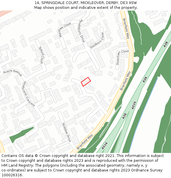 14, SPRINGDALE COURT, MICKLEOVER, DERBY, DE3 9SW: Location map and indicative extent of plot