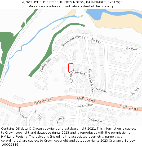 14, SPRINGFIELD CRESCENT, FREMINGTON, BARNSTAPLE, EX31 2QB: Location map and indicative extent of plot