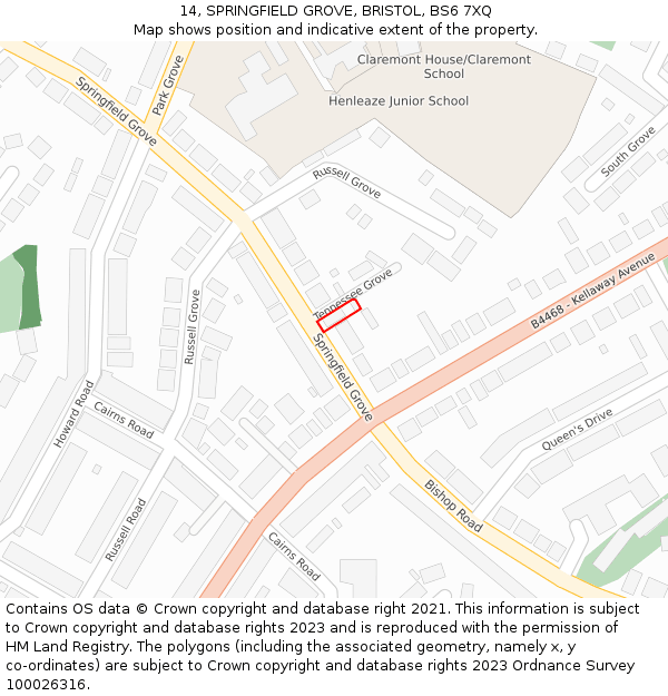 14, SPRINGFIELD GROVE, BRISTOL, BS6 7XQ: Location map and indicative extent of plot