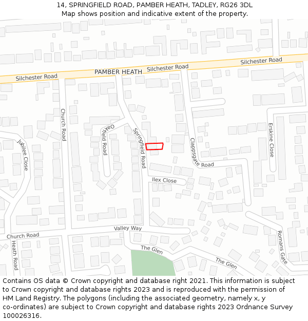 14, SPRINGFIELD ROAD, PAMBER HEATH, TADLEY, RG26 3DL: Location map and indicative extent of plot