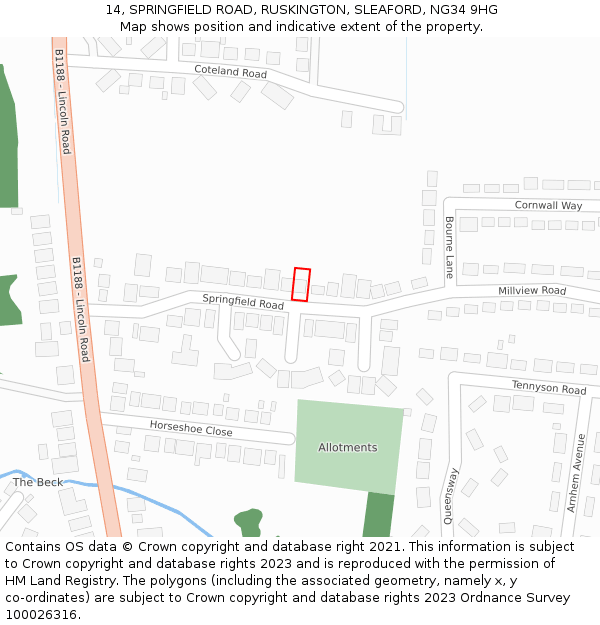 14, SPRINGFIELD ROAD, RUSKINGTON, SLEAFORD, NG34 9HG: Location map and indicative extent of plot