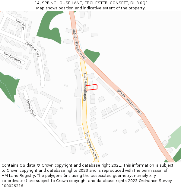 14, SPRINGHOUSE LANE, EBCHESTER, CONSETT, DH8 0QF: Location map and indicative extent of plot