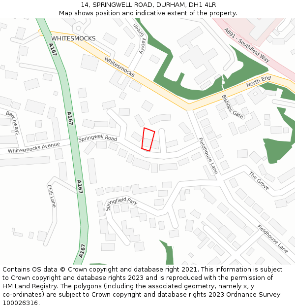 14, SPRINGWELL ROAD, DURHAM, DH1 4LR: Location map and indicative extent of plot