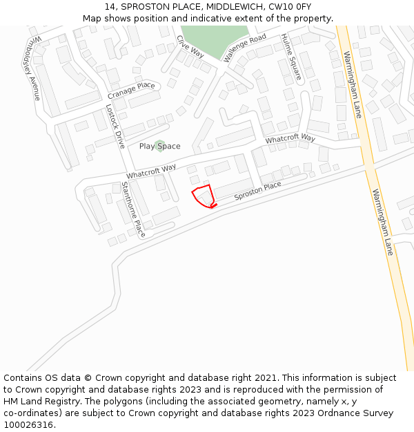 14, SPROSTON PLACE, MIDDLEWICH, CW10 0FY: Location map and indicative extent of plot