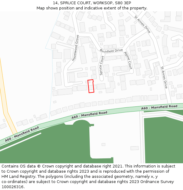 14, SPRUCE COURT, WORKSOP, S80 3EP: Location map and indicative extent of plot