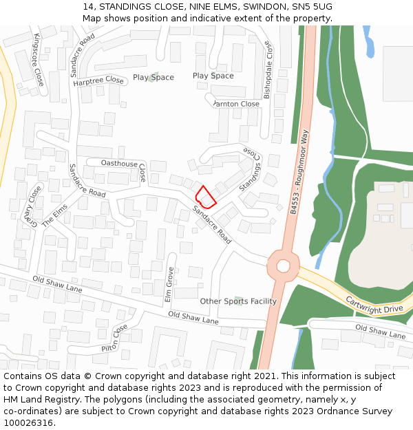 14, STANDINGS CLOSE, NINE ELMS, SWINDON, SN5 5UG: Location map and indicative extent of plot