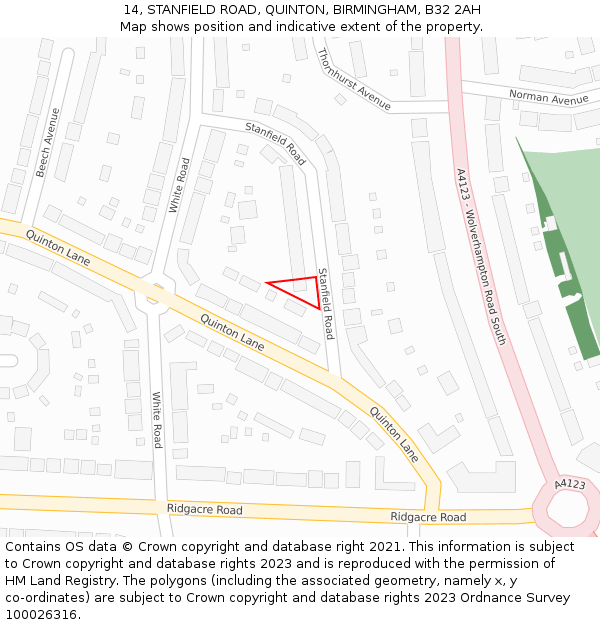 14, STANFIELD ROAD, QUINTON, BIRMINGHAM, B32 2AH: Location map and indicative extent of plot