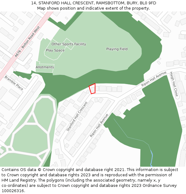 14, STANFORD HALL CRESCENT, RAMSBOTTOM, BURY, BL0 9FD: Location map and indicative extent of plot