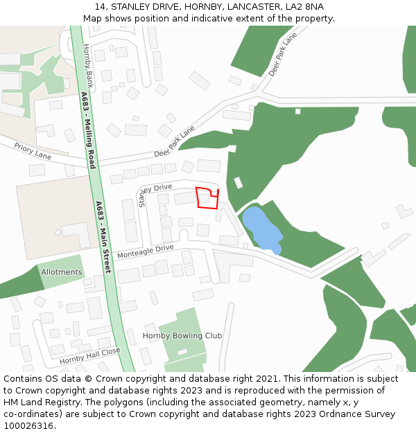 14, STANLEY DRIVE, HORNBY, LANCASTER, LA2 8NA: Location map and indicative extent of plot