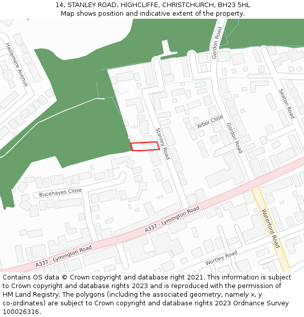 14, STANLEY ROAD, HIGHCLIFFE, CHRISTCHURCH, BH23 5HL: Location map and indicative extent of plot