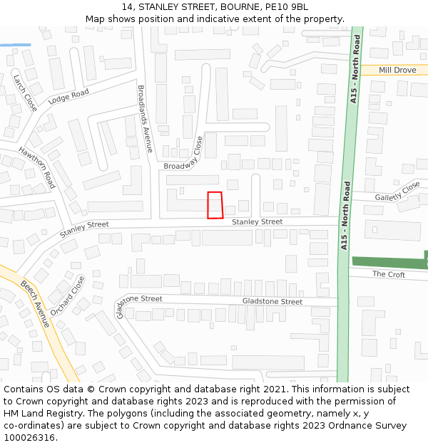 14, STANLEY STREET, BOURNE, PE10 9BL: Location map and indicative extent of plot