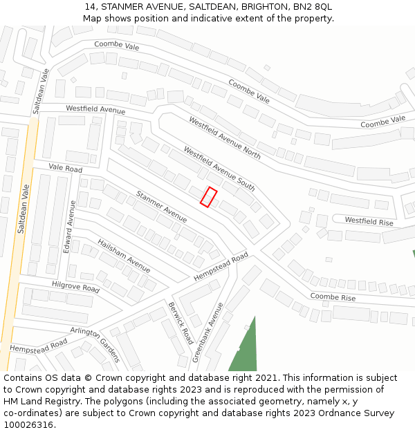 14, STANMER AVENUE, SALTDEAN, BRIGHTON, BN2 8QL: Location map and indicative extent of plot