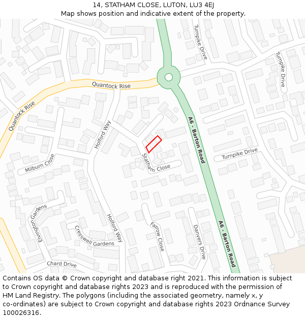 14, STATHAM CLOSE, LUTON, LU3 4EJ: Location map and indicative extent of plot