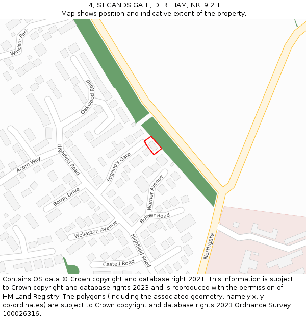 14, STIGANDS GATE, DEREHAM, NR19 2HF: Location map and indicative extent of plot