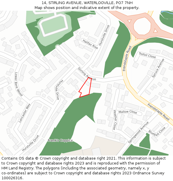 14, STIRLING AVENUE, WATERLOOVILLE, PO7 7NH: Location map and indicative extent of plot