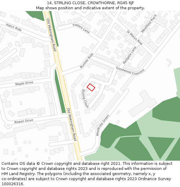 14, STIRLING CLOSE, CROWTHORNE, RG45 6JF: Location map and indicative extent of plot