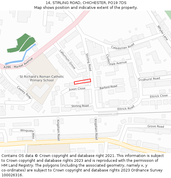 14, STIRLING ROAD, CHICHESTER, PO19 7DS: Location map and indicative extent of plot