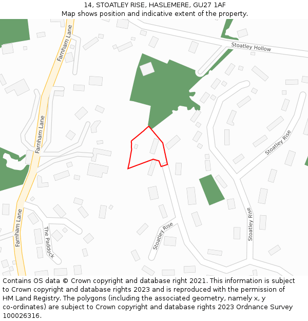 14, STOATLEY RISE, HASLEMERE, GU27 1AF: Location map and indicative extent of plot