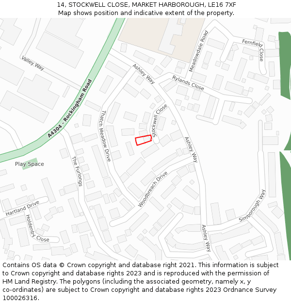 14, STOCKWELL CLOSE, MARKET HARBOROUGH, LE16 7XF: Location map and indicative extent of plot