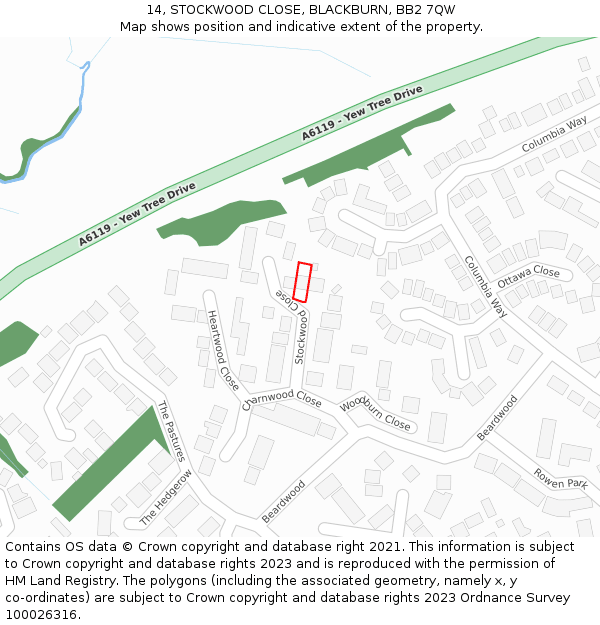 14, STOCKWOOD CLOSE, BLACKBURN, BB2 7QW: Location map and indicative extent of plot