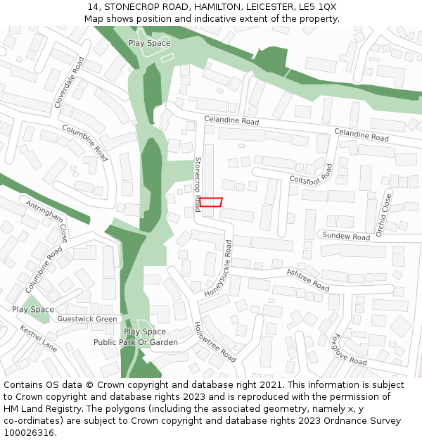 14, STONECROP ROAD, HAMILTON, LEICESTER, LE5 1QX: Location map and indicative extent of plot