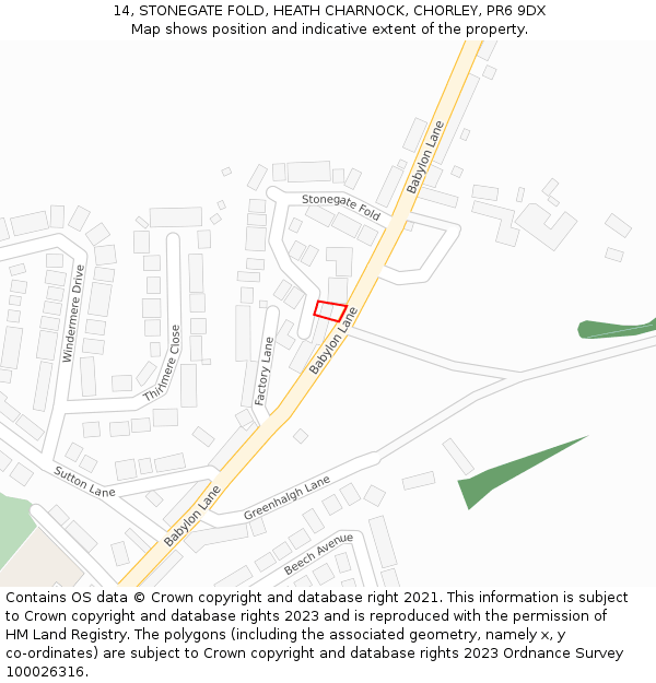 14, STONEGATE FOLD, HEATH CHARNOCK, CHORLEY, PR6 9DX: Location map and indicative extent of plot