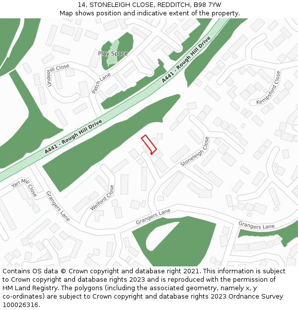 14, STONELEIGH CLOSE, REDDITCH, B98 7YW: Location map and indicative extent of plot