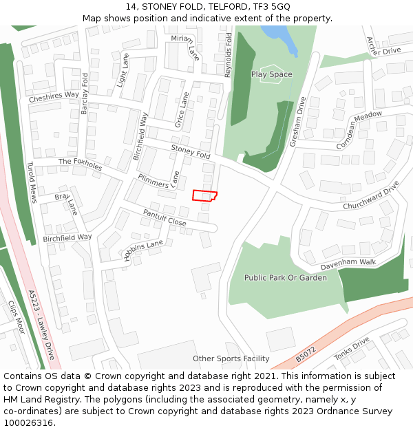 14, STONEY FOLD, TELFORD, TF3 5GQ: Location map and indicative extent of plot