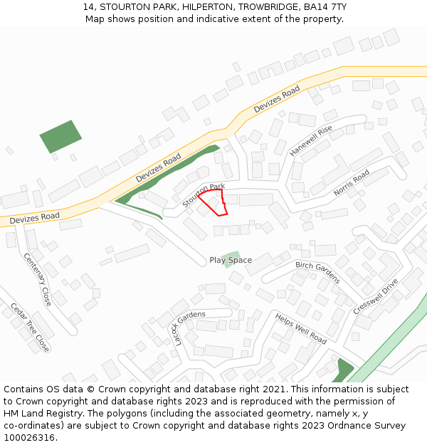 14, STOURTON PARK, HILPERTON, TROWBRIDGE, BA14 7TY: Location map and indicative extent of plot