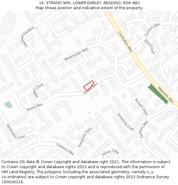 14, STRAND WAY, LOWER EARLEY, READING, RG6 4BU: Location map and indicative extent of plot