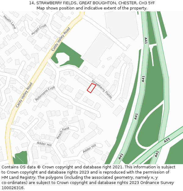14, STRAWBERRY FIELDS, GREAT BOUGHTON, CHESTER, CH3 5YF: Location map and indicative extent of plot
