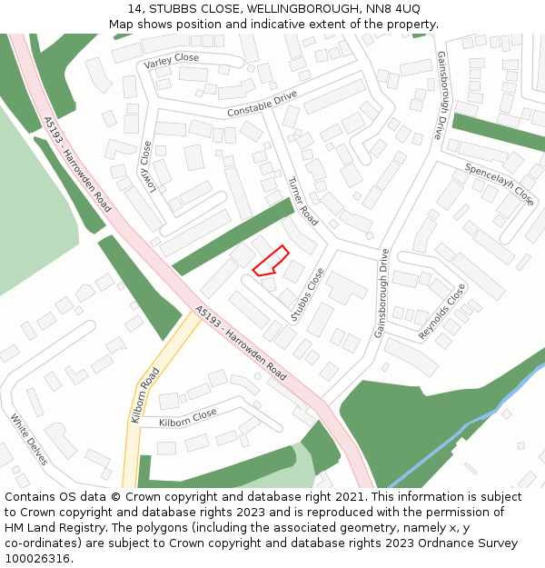 14, STUBBS CLOSE, WELLINGBOROUGH, NN8 4UQ: Location map and indicative extent of plot